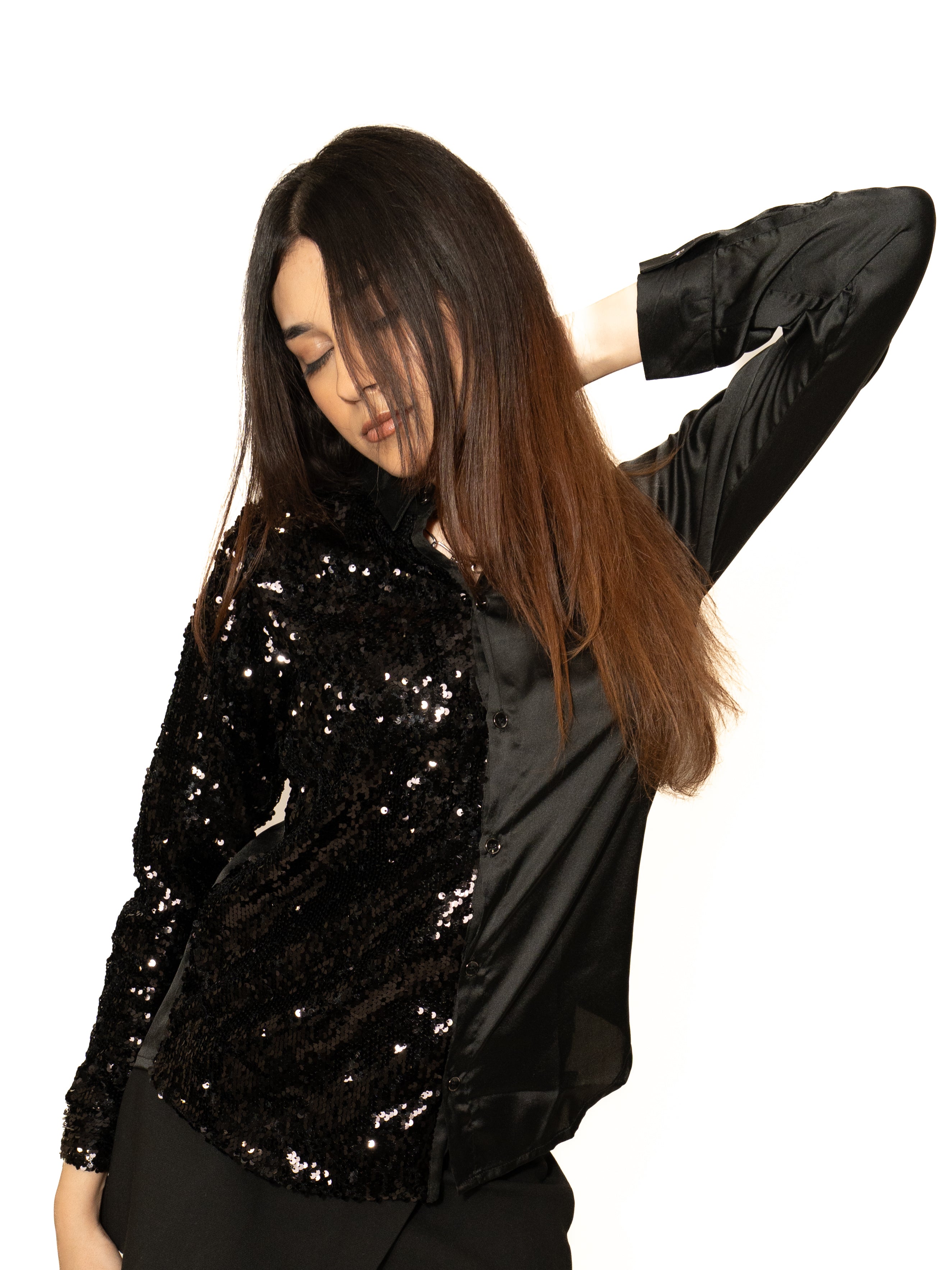 Midnight Affair — Black Sequin & Satin Statement Shirt
