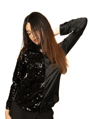 Midnight Affair — Black Sequin & Satin Statement Shirt